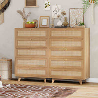 Sikaic Dresser Wooden Tall Dresser with 5 Natural Rattan Drawers and Gold Handles for Nursery Entryway Living Room Natural / Engineered Wood / Bohemian