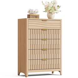Sikaic Dresser 44 Inch Tall Fluted 5 Drawer Dresser Natural Oak Natural / Engineered Wood / Modern