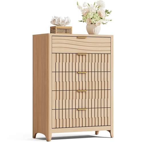 Sikaic Dresser 44 Inch Tall Fluted 5 Drawer Dresser Natural Oak Natural / Engineered Wood / Modern