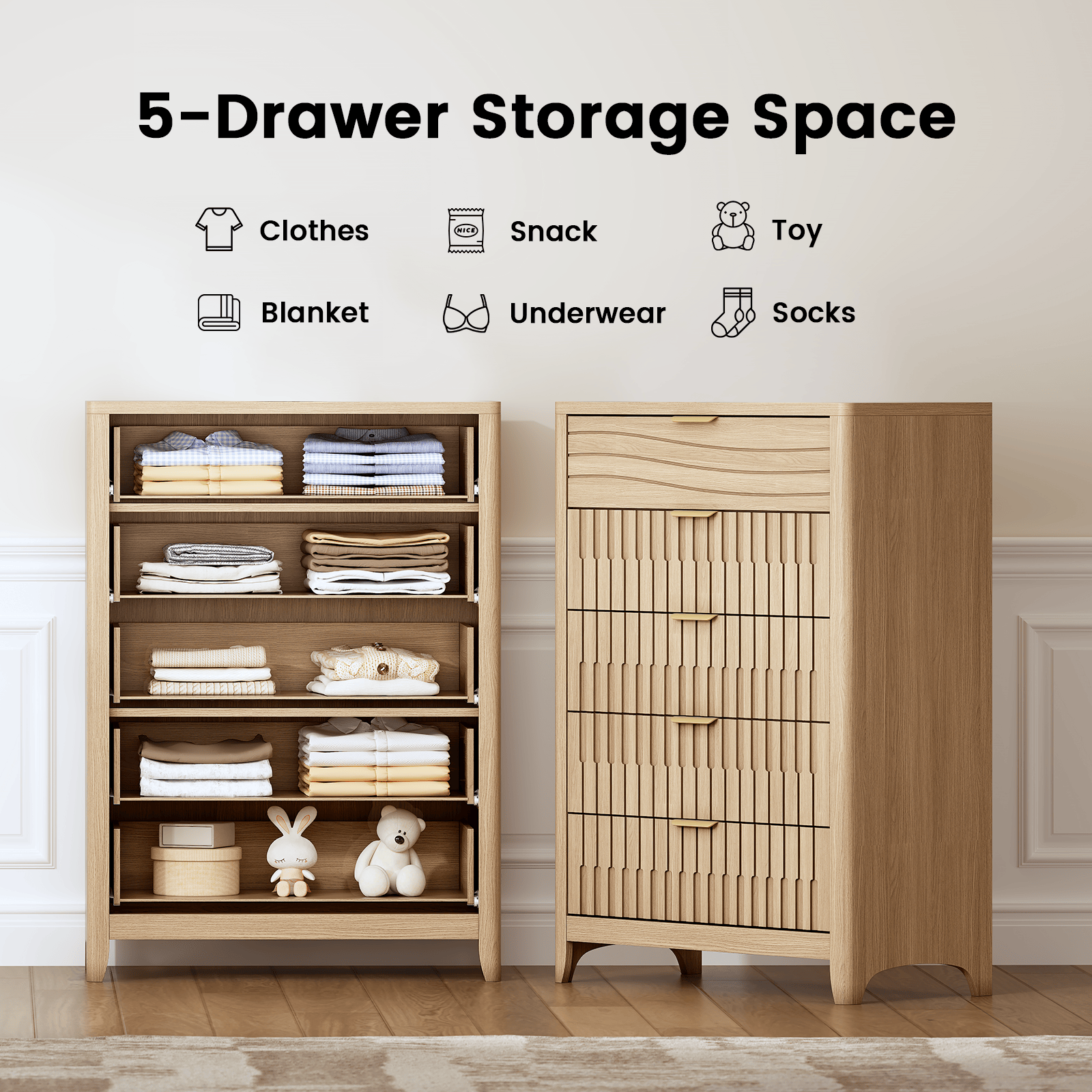 Sikaic Dresser 44 Inch Tall Fluted 5 Drawer Dresser Oak Natural Modern Sikaic Dresser 44 Inch Tall Fluted 5 Drawer Dresser Oak Natural Modern
