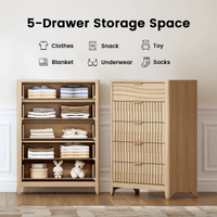 Sikaic Dresser 44 Inch Tall Fluted 5 Drawer Dresser Natural Oak Natural / Engineered Wood / Modern