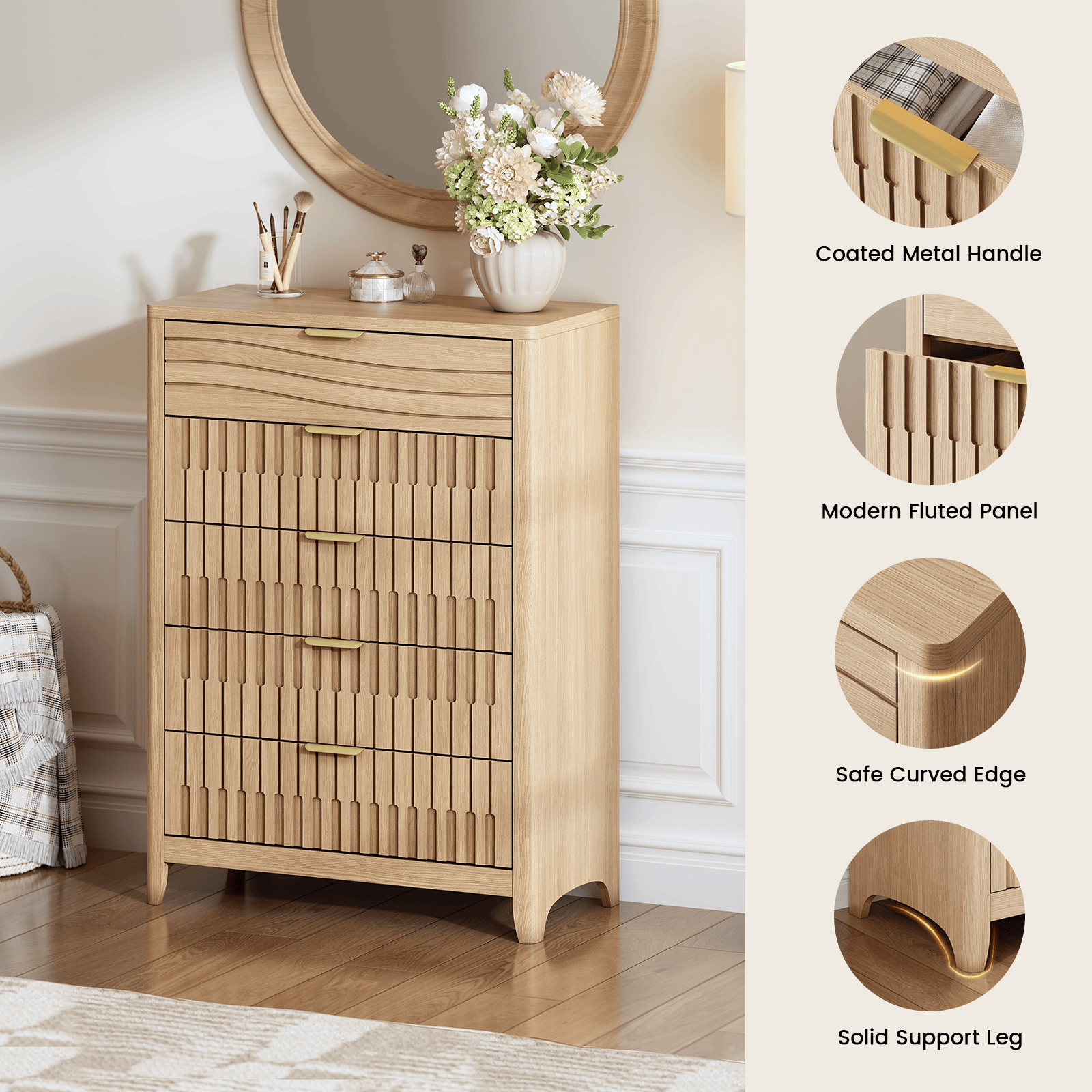 Sikaic Dresser 44 Inch Tall Fluted 5 Drawer Dresser Oak Natural Modern Sikaic Dresser 44 Inch Tall Fluted 5 Drawer Dresser Oak Natural Modern