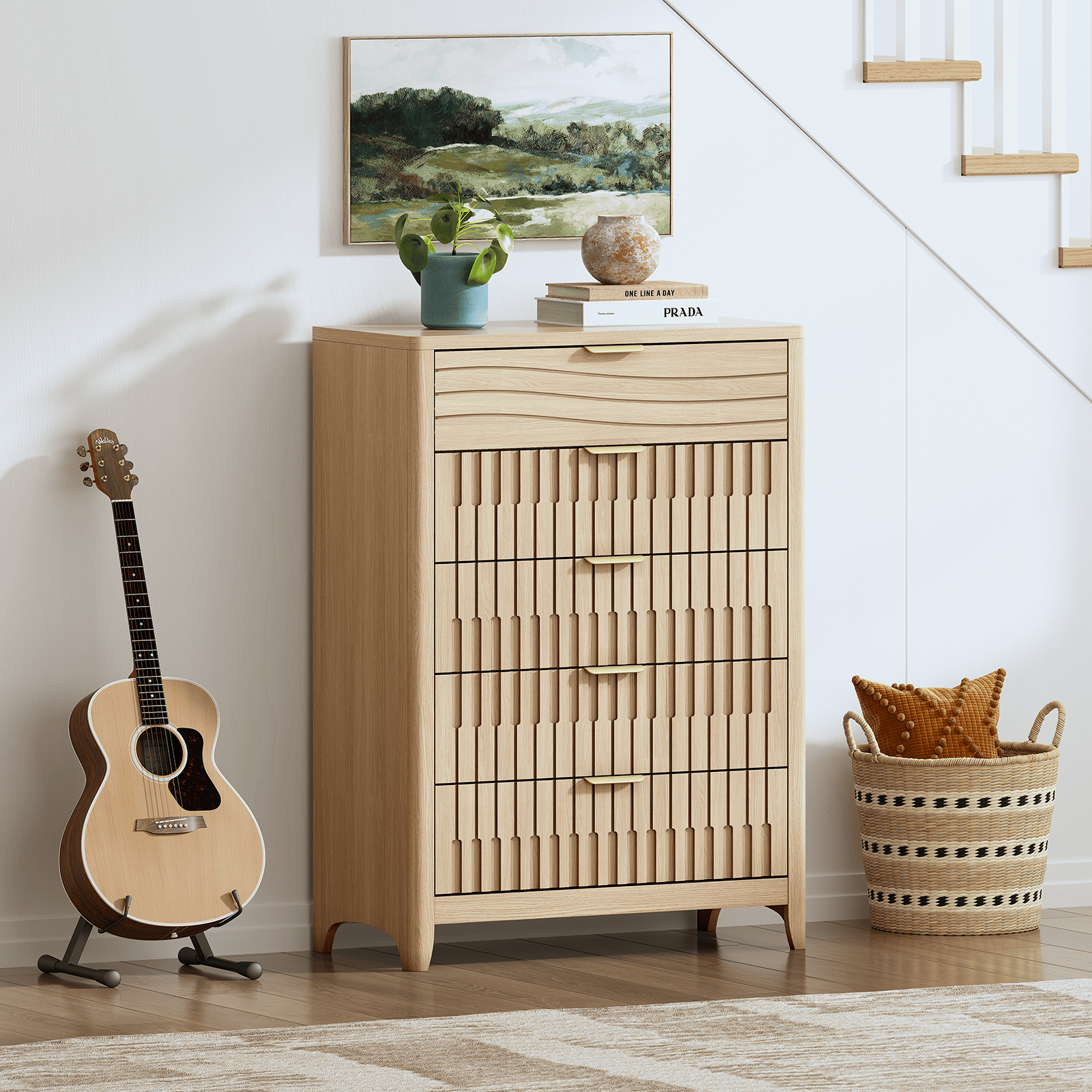 Sikaic Dresser 44 Inch Tall Fluted 5 Drawer Dresser Oak Natural Modern