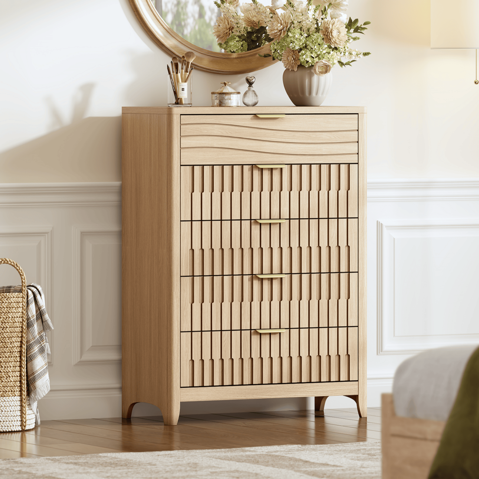 Sikaic Dresser 44 Inch Tall Fluted 5 Drawer Dresser Oak Natural Modern Sikaic Dresser 44 Inch Tall Fluted 5 Drawer Dresser Oak Natural Modern