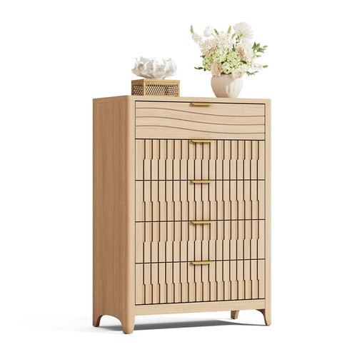 Sikaic Dresser 44 Inch Tall Fluted 5 Drawer Dresser Natural Oak Natural / Engineered Wood / Modern