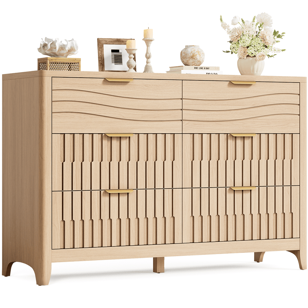 48 Inch Fluted 6 Drawer Dresser with Metal Handles Natural Oak 48 Inch Fluted 6 Drawer Dresser with Metal Handles Natural Oak