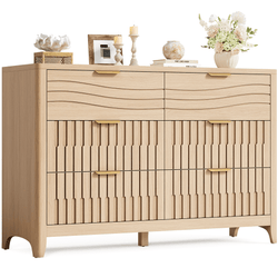 Sikaic Dresser 48 Inch Fluted 6 Drawer Dresser with Metal Handles Natural Oak Natural / Engineered Wood / Modern