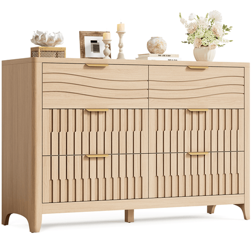 Sikaic Dresser 48 Inch Fluted 6 Drawer Dresser with Metal Handles Natural Oak Natural / Engineered Wood / Modern