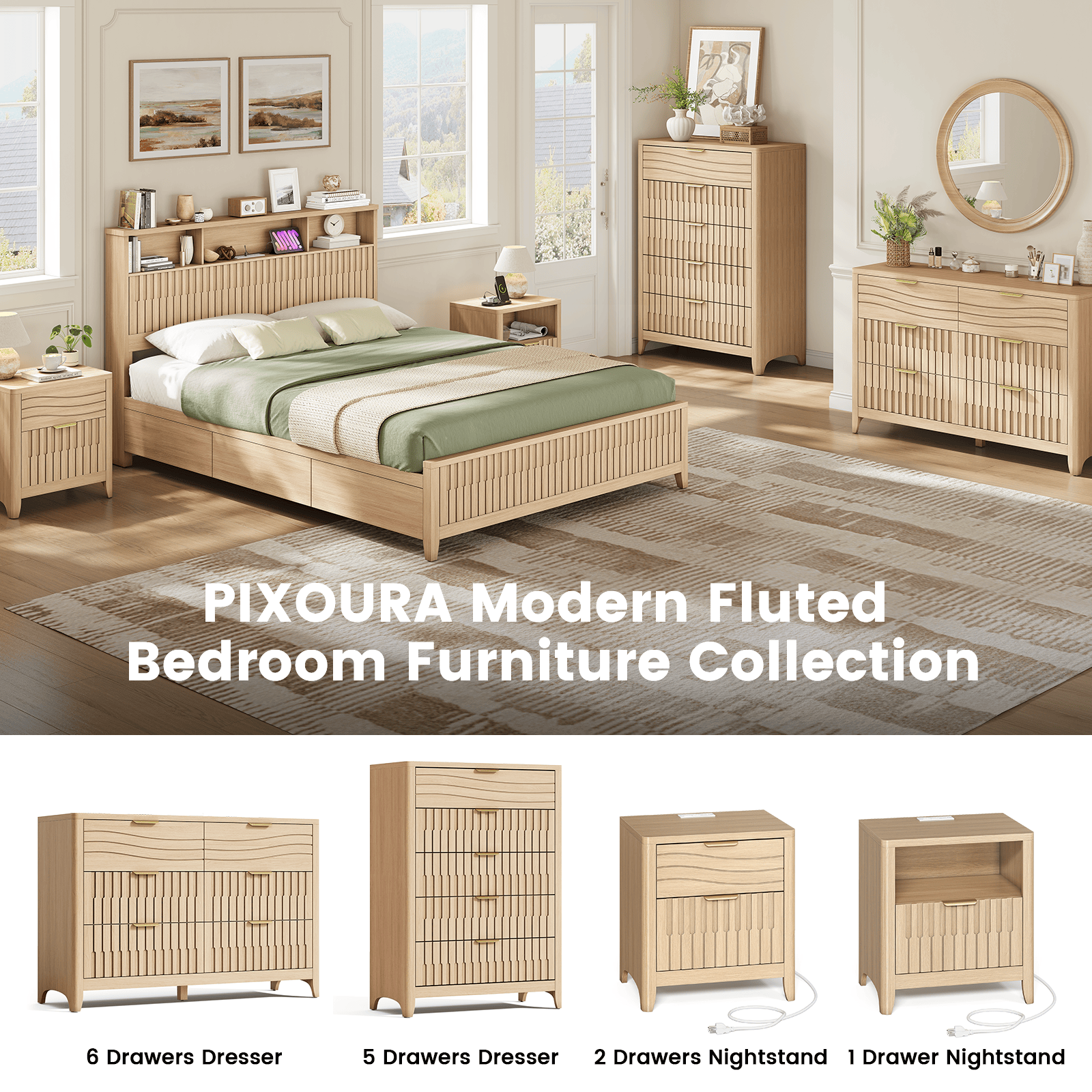 48 inch dresser Sikaic Dresser 48 Inch Fluted 6 Drawer Dresser with Metal Handles Oak Natural Modern