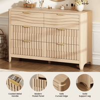 Sikaic Dresser 48 Inch Fluted 6 Drawer Dresser with Metal Handles Natural Oak Natural / Engineered Wood / Modern