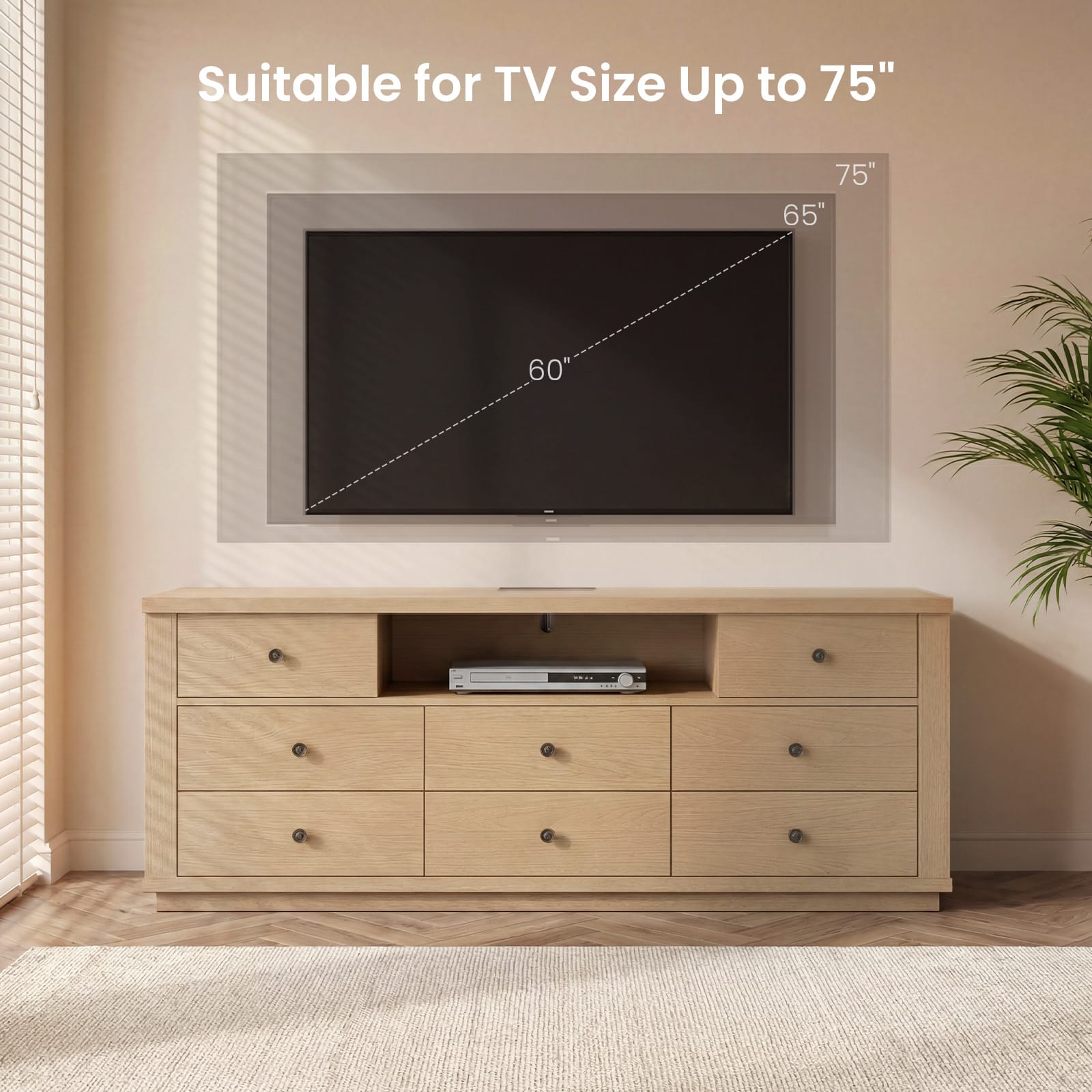 Sikaic Dresser Bedroom Furniture 57.3 inch Wide 8-Drawer Dresser TV Stand White Oak / Engineered Wood / Modern