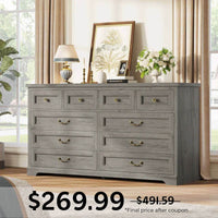 Sikaic Dresser 55 Inches Wide Dresser with 10 Storage Drawers Oak Grey Oak Grey / Engineered Wood / Farmhouse