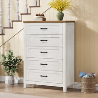 Sikaic Dresser 44 Inch Farmhouse 5 Drawer Dresser with Metal Handles Rustic White Rustic White / Engineered Wood / Farmhouse