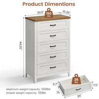 Sikaic Dresser 44 Inch Farmhouse 5 Drawer Dresser with Metal Handles Rustic White Rustic White / Engineered Wood / Farmhouse