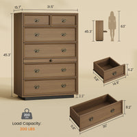 Sikaic Dresser Farmhouse 45.3 inch Tall 6-Drawer Dresser with Pull-Out Shelf Walnut Walnut / Engineered Wood / Farmhouse