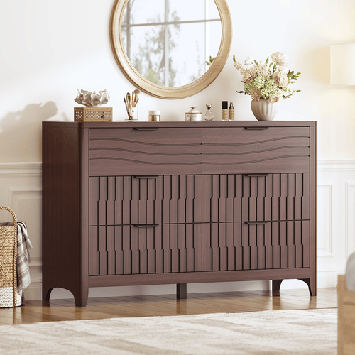 Sikaic Dresser 48 Inch Fluted 6 Drawer Dresser with Metal Handles Walnut Walnut / Engineered Wood / Modern