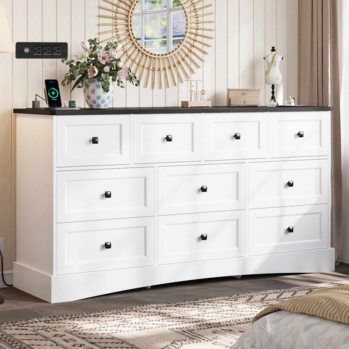 Sikaic Dresser 55.2 Inches Dresser with Charging Station White and Black White and Black / Engineered Wood / Farmhouse