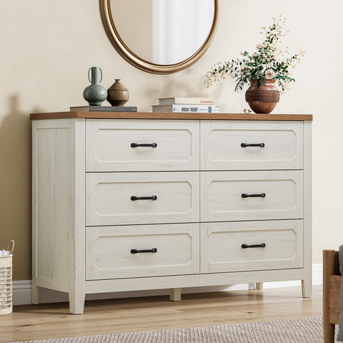 Sikaic Dresser 48 inch Farmhouse 6-Drawer Dresser with Metal Handles & TV Stand Top Rustic White White / Engineered Wood / Farmhouse