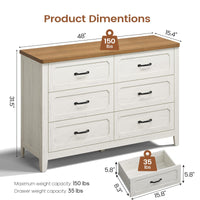 Sikaic Dresser 48 inch Farmhouse 6-Drawer Dresser with Metal Handles & TV Stand Top Rustic White White / Engineered Wood / Farmhouse