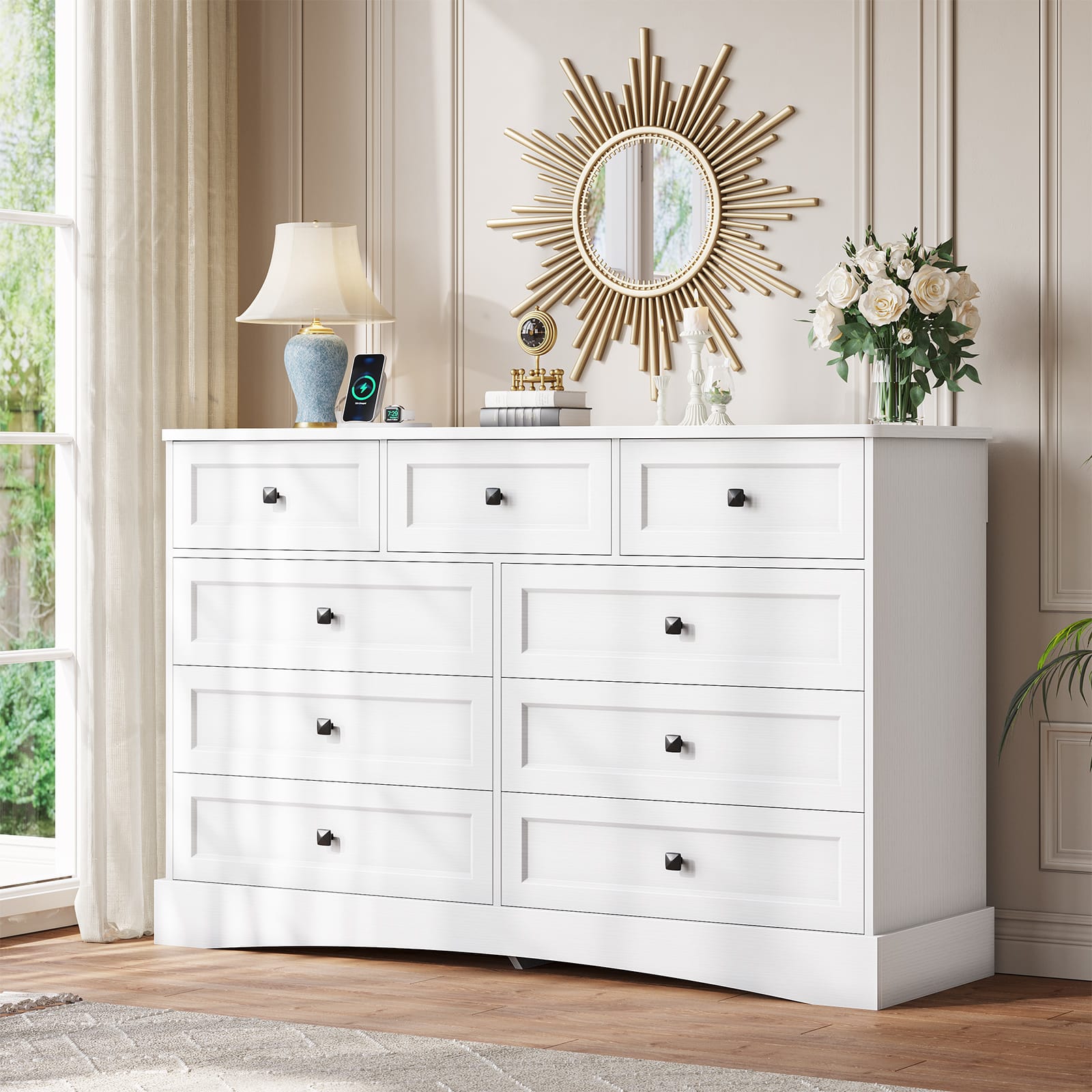 Sikaic Dresser Bedroom Furniture 51.2 inch Wide 9-Drawer Dresser with Charging Station White / Engineered Wood / Farmhouse