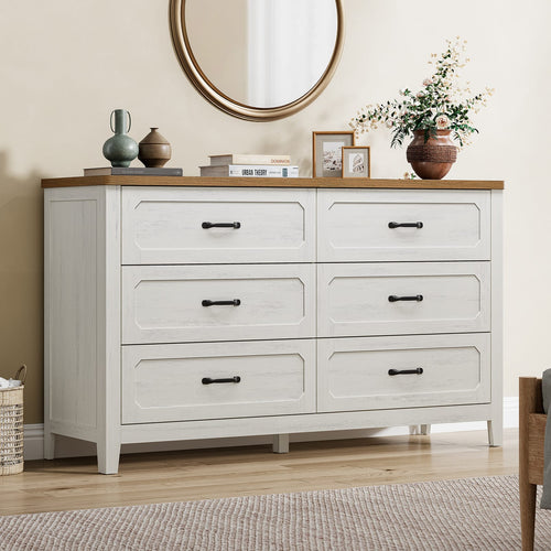 Sikaic Dresser 54 Inch Farmhouse 6 Drawer Dresser Rustic White White / Engineered Wood / Farmhouse