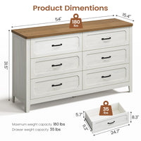 Sikaic Dresser 54 Inch Farmhouse 6 Drawer Dresser Rustic White White / Engineered Wood / Farmhouse