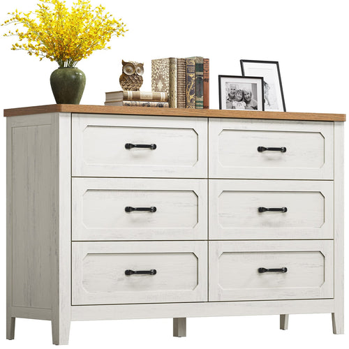 Sikaic Dresser 54 Inch Farmhouse 6 Drawer Dresser Rustic White White / Engineered Wood / Farmhouse