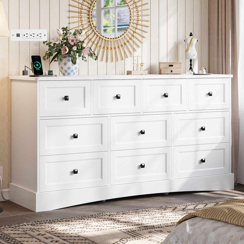 Sikaic Dresser 55.2 Inches Dresser with Charging Station White White / Engineered Wood / Farmhouse