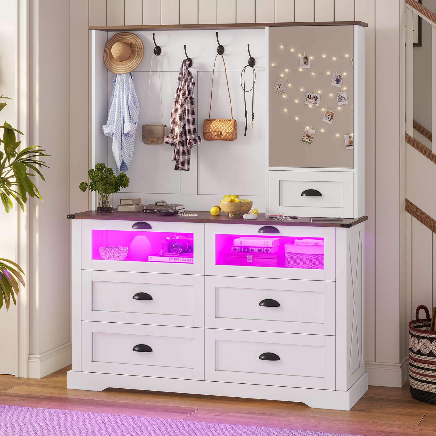Sikaic 6 Drawers LED Dresser with Hooks Mirror Cabinet White