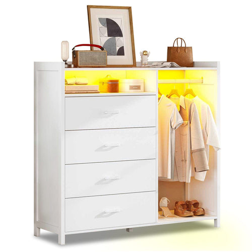 Sikaic Dresser 4 Drawers Long LED Dresser with Clothes Rack White White / Engineered Wood / Modern