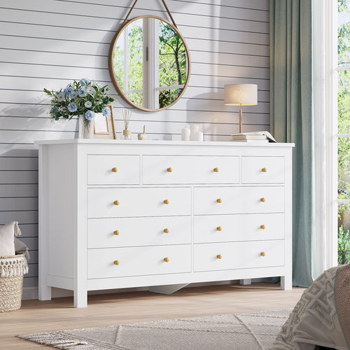 Sikaic Dresser 55.1 inch Wide 9-Drawer Dresser with Solid Wood Handles White White / Engineered Wood / Modern