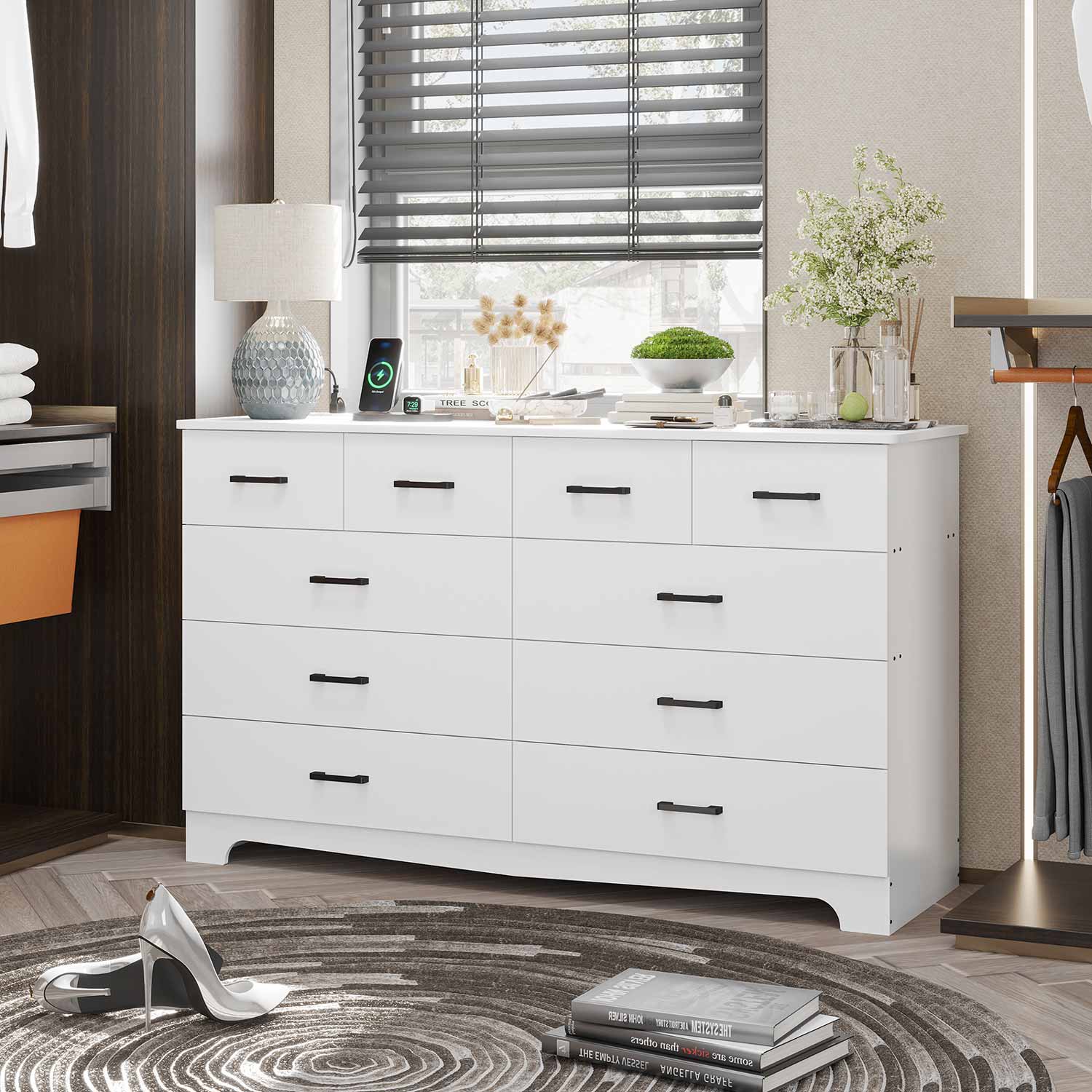 Sikaic 10 Drawers Dresser with Power Outlets White
