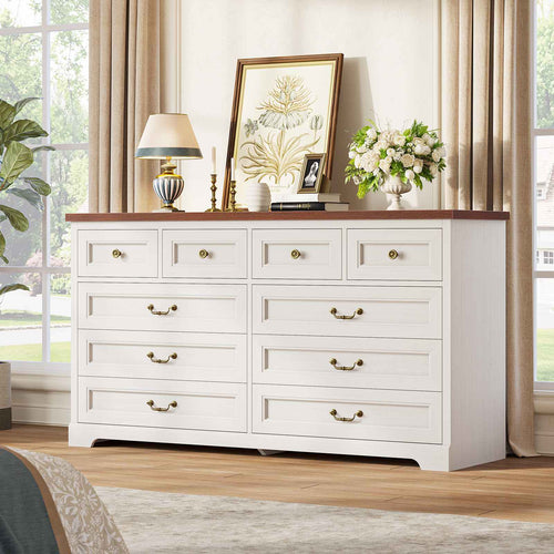 Sikaic Dresser 55 Inches 10 Drawers Dresser with Natural Texture and Vintage Handles White White / Engineered Wood / Modern