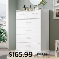 Sikaic Dresser 6 Drawers Dresser with Vertical Large Storage White White / Engineered Wood / Modern