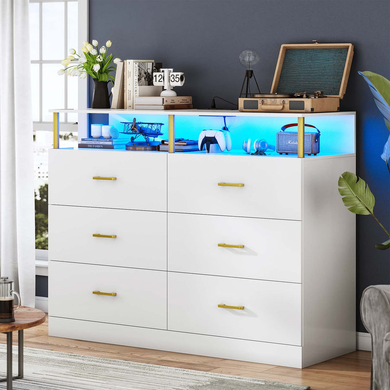 6 Drawers Led Wide Dresser with Column Design & Charging Station White