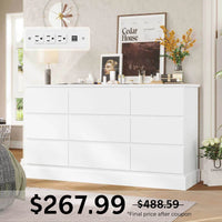 Sikaic Dresser 61.4 Inches Dresser with Power Outlets White White / Engineered Wood / Modern