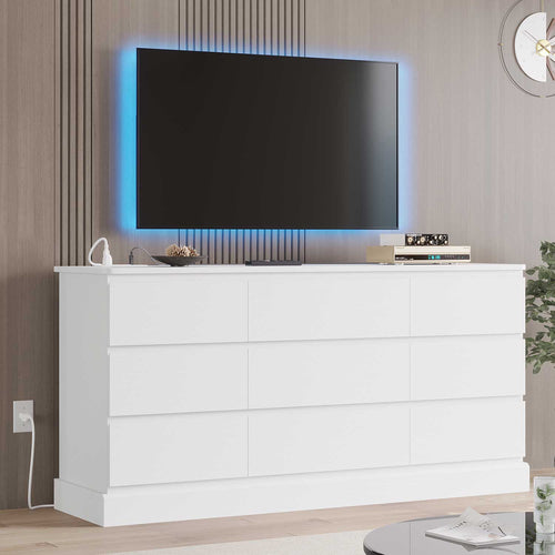 Sikaic Dresser 61.4" Wide Dresser Chest of Drawers with Large Capacity Storage and Power Outlets White White / Engineered Wood / Modern