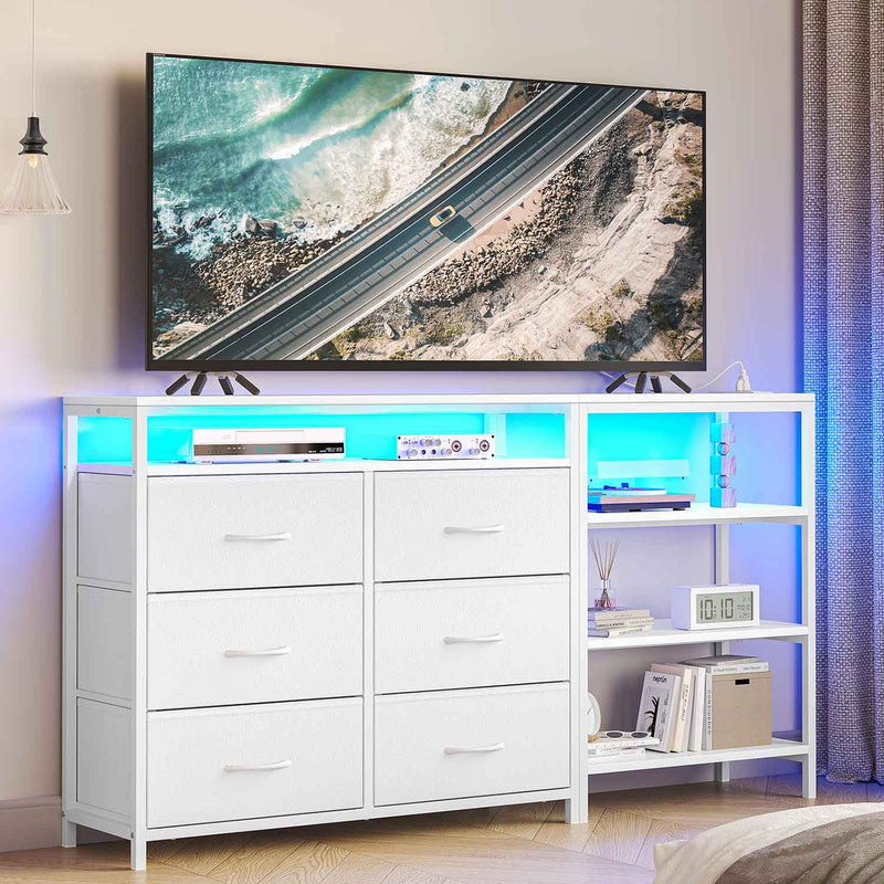 Corner L Shaped LED TV Stand Convertible Dresser with Charging Station and Open Shelf & PU Finish Drawers for Living Room White