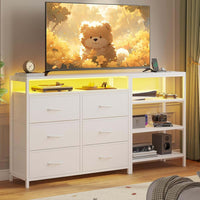 Sikaic Dresser Corner L Shaped LED TV Stand Convertible Dresser with Charging Station and Open Shelf & PU Finish Drawers for Living Room White White / Engineered Wood / Modern