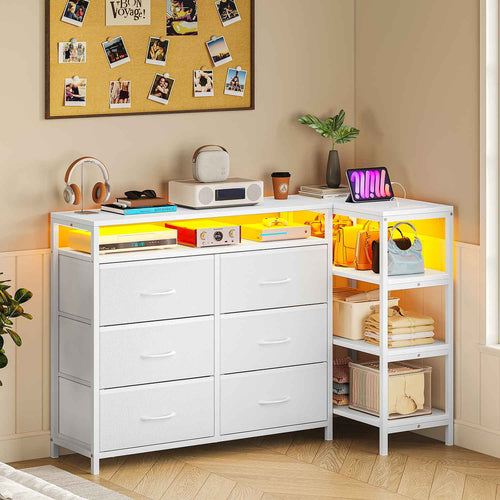 Sikaic Dresser Corner L Shaped LED TV Stand Convertible Dresser with Charging Station and Open Shelf & PU Finish Drawers for Living Room White White / Engineered Wood / Modern