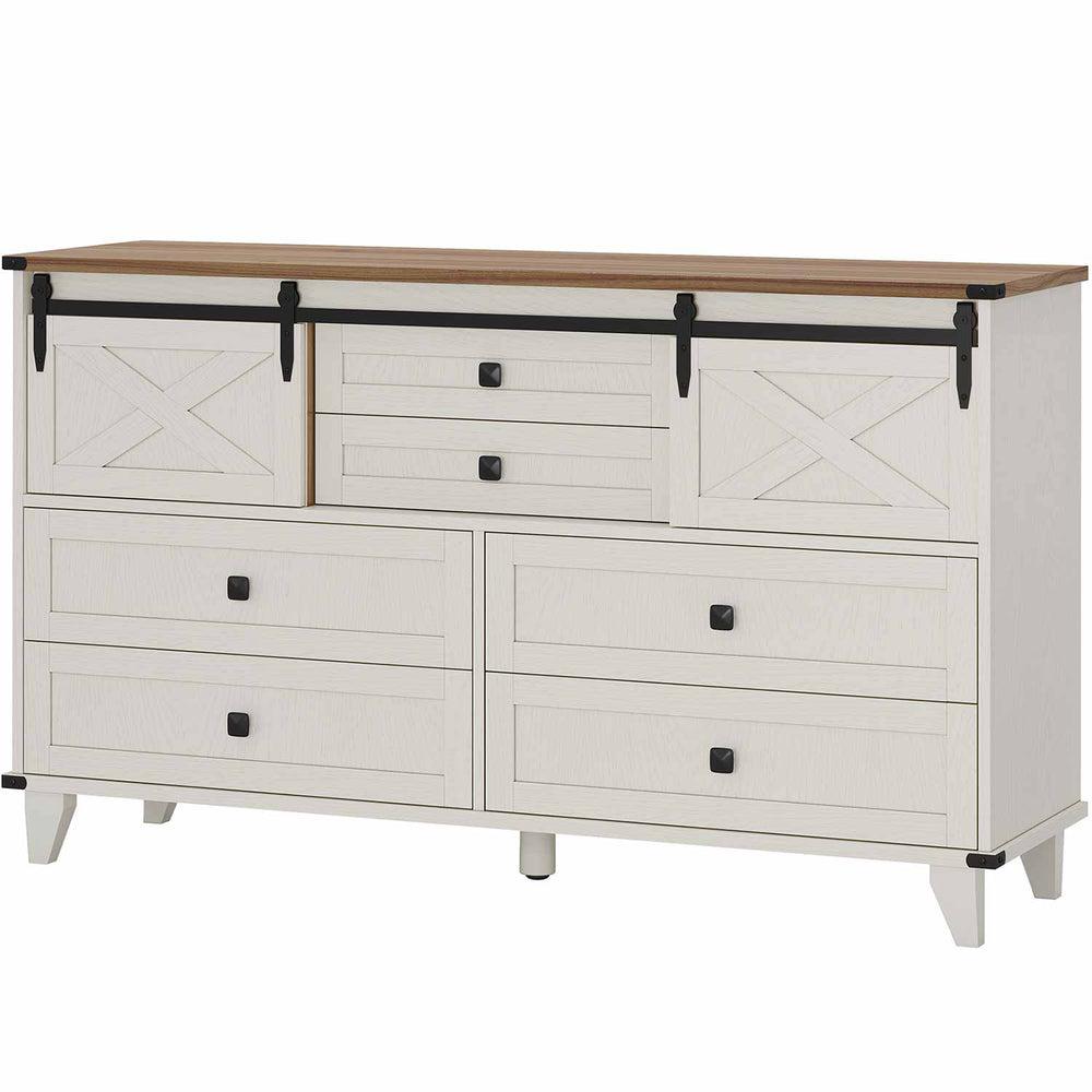 Sikaic Dresser Farmhouse 6 Drawers Long Storage Dresser with Sliding Barn Door  for Bedroom White White / Engineered Wood / Modern