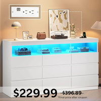 Sikaic Dresser LED Wide Dresser with 9 No-Handle Drawers White White / Engineered Wood / Modern