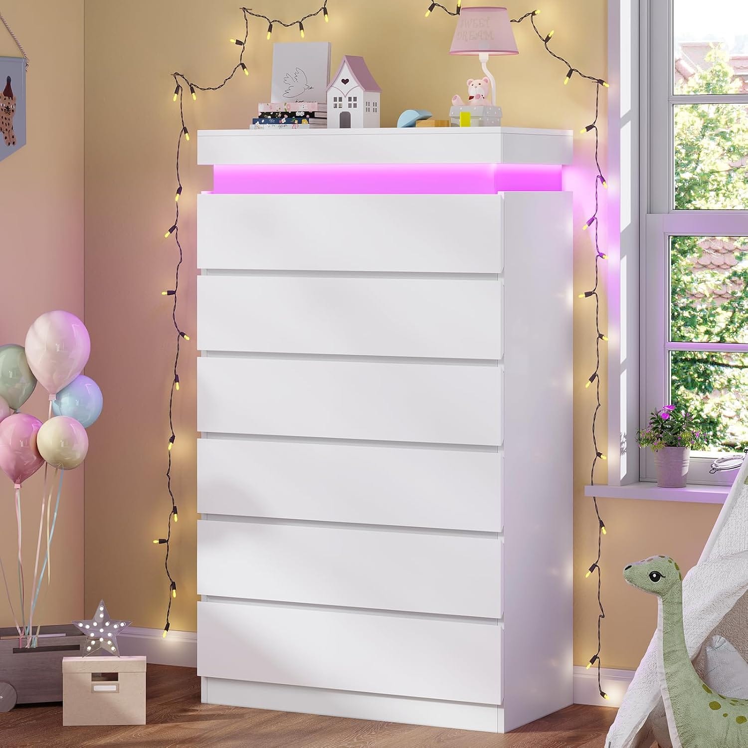 6 drawer white dresser tall Sikaic Tall Dresser with LED Light and 6 Drawers White