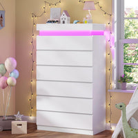 Sikaic Dresser Tall Dresser with LED Light and 6 Drawers White White / Engineered Wood / Modern