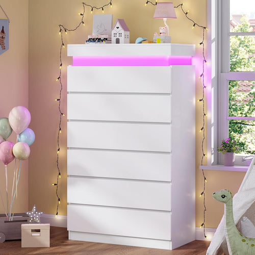 Sikaic Dresser Tall Dresser with LED Light and 6 Drawers White White / Engineered Wood / Modern