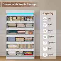 Sikaic Dresser Tall Dresser with LED Light and 6 Drawers White White / Engineered Wood / Modern