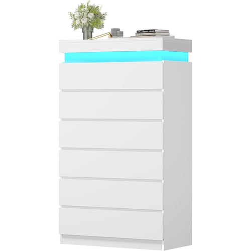 Sikaic Dresser Tall Dresser with LED Light and 6 Drawers White White / Engineered Wood / Modern