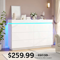 Sikaic Dresser Wide Dresser with LED Lights 6 Drawers White White / Engineered Wood / Modern