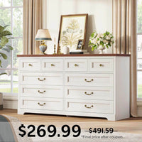 Sikaic Dresser 55 Inches Wide Dresser with 10 Storage Drawers White White / Engineered Wood / New Classic