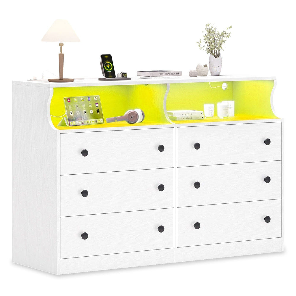 Sikaic Dresser 6 Drawers LED Dresser with Outlets White White / Modern
